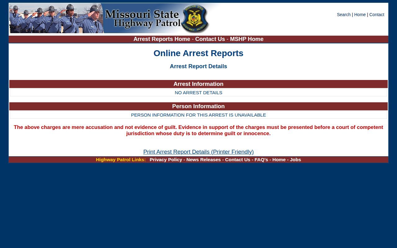 Missouri State Highway Patrol preliminary DeKalb arrest report detail layout