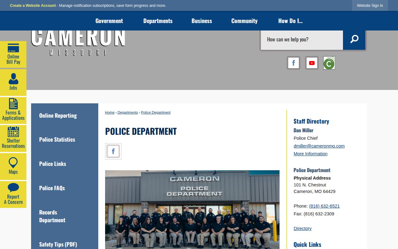 Cameron Police Department official contact page for recent arrest records