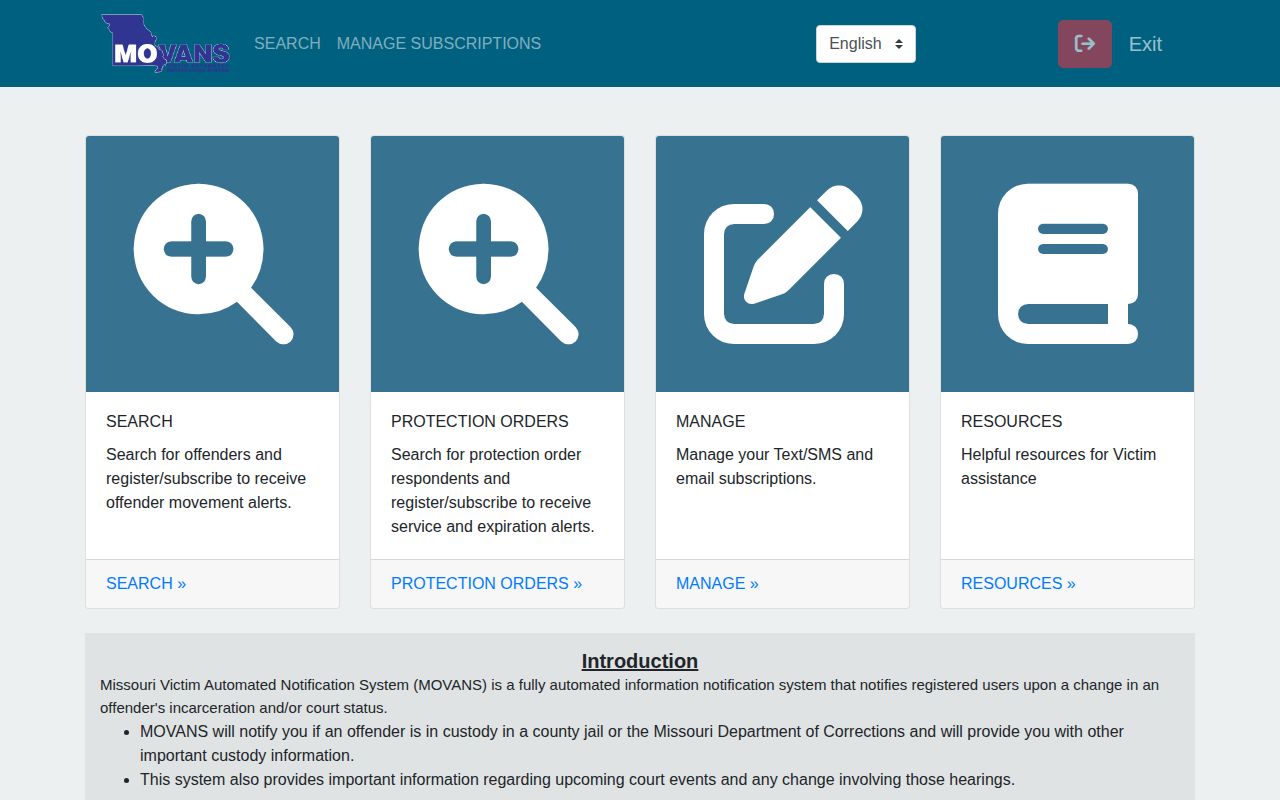 Missouri MOVANS registration screen for DeKalb County custody alerts