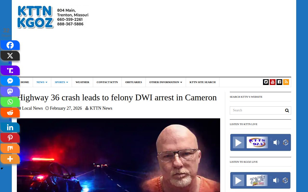 KTTN regional news story page for a reported Cameron arrest