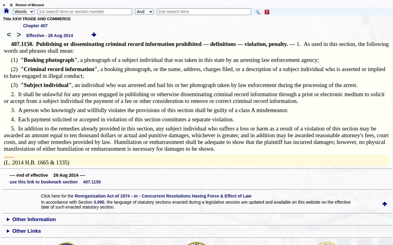 Missouri Revised Statutes section 407.1150 official page